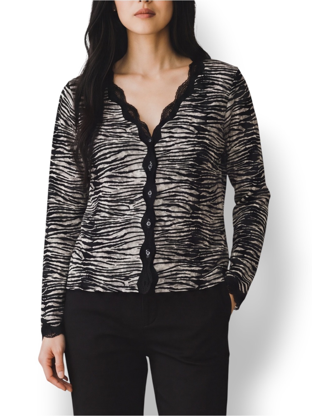 4/$20 Giorgio Fiorlini Zebra Print Lace Trim Cardigan Sweater Black White Tan L